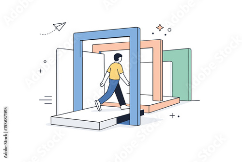 Humans inside geometric environments. A person walking through layered geometric frames and planes, as if moving inside an abstract architectural system. The