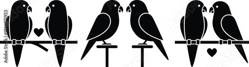Love birds silhouettes set, romantic parrot couples sitting on branch with heart symbol, minimal vector illustration isolated on white background
