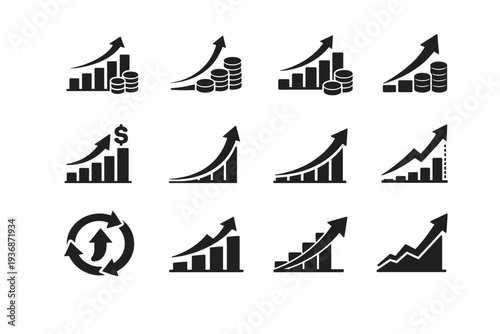 Investment Growth. Solid icon set of Investment Growth: rising investment chart, compound growth curve, profit bars, ROI arrow, capital increase graph, wealth