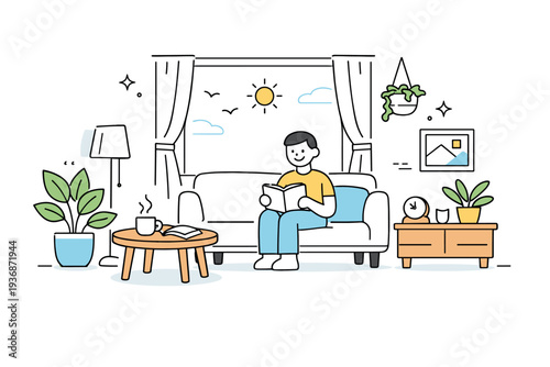 Morning freshness indoors. A clean interior scene with plants, open curtains, and soft light. Sense of clarity, renewal, peaceful domestic calm. Minimalist