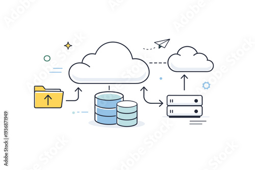 Cloud technology concept. Abstract clouds combined with simple geometric containers and arrows, hinting at storage and connectivity. The scene feels