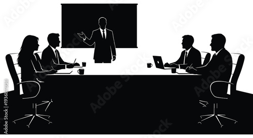 A silhouetted business meeting is in progress featuring a presenter and attentive audience high quality professional