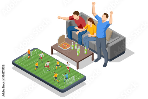 Isometric football fans watch soccer match at home on smartphone screen. Friend celebrate goal with pizza and drink on sofa in living room. Concept of sport broadcast streaming, supporter emotion