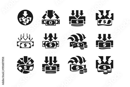 Monetary policy. Icon set. Set Logo of Monetary policy: money supply flow. harmonious logo variations of the same emblematic concept, each with different