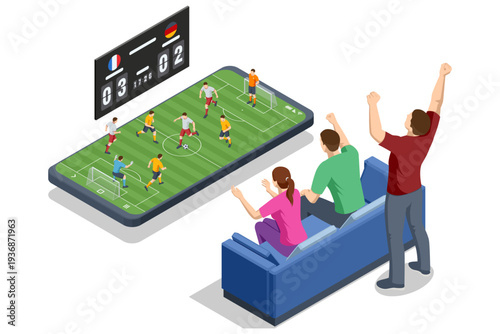 Isometric football fans watch soccer match at home on smartphone screen. Friend celebrate goal with pizza and drink on sofa in living room. Concept of sport broadcast streaming, supporter emotion and