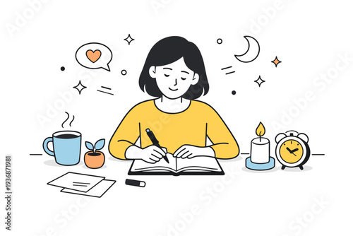 Self care. Person journaling quietly at a desk with minimal tools and soft decorative accents. Editorial scene focused on reflection, calm focus, and emotional