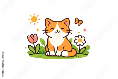 Spring cat in garden peaceful outdoor moment centered on a sitting cat among blooming flowers, with small leaves and soft sun accents conveying calm curiosity
