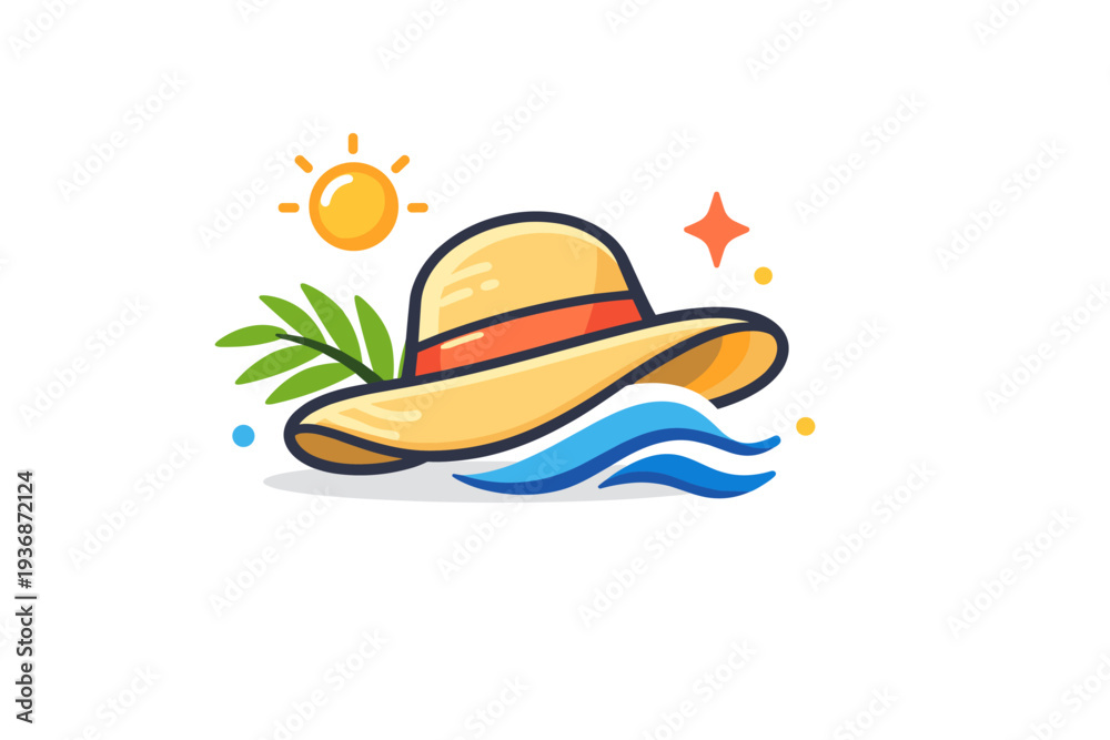 Fototapeta premium Sun hat expressing vacation mood and travel readiness. A light and airy scene with a sun hat combined with a small palm leaf or wave element, conveying rest,