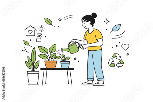 eco indoor plant care. An employee watering indoor plants with a watering can, abstract motion lines and leaves floating around, showing mindfulness and
