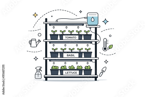 Vertical seed starter setup. A compact shelf with labeled pots, grow lights, and a small watering system, abstract floating lines and stars emphasizing