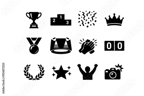 Championship win moment. Solid icon set of Championship win moment: championship trophy, podium steps, confetti rain, victory crown, medal circle, spotlight