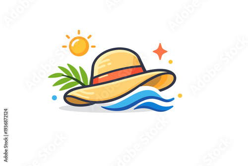 Sun hat expressing vacation mood and travel readiness. A light and airy scene with a sun hat combined with a small palm leaf or wave element, conveying rest,