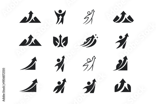 reaching for the sky. Icon set. Set Logo of reaching for the sky: upward arrow path. harmonious logo variations of the same emblematic concept, each with