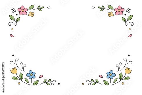 Minimal spring floral frame. Simple floral elements placed symmetrically along the edges, leaving generous white space inside. Clean, elegant, and modern