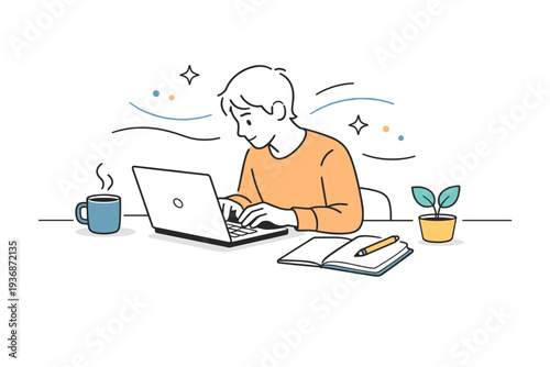 Focused writing work sessions. A writer sits at a clean desk typing on a laptop, fully absorbed, with gentle abstract lines suggesting concentration and flow.
