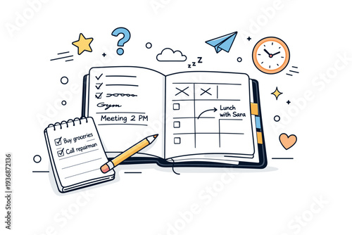 Half-used planners. Planner with occasional notes, crossed-out plans, and empty boxes, resting on a clean desk. Everyday planning reality with quiet