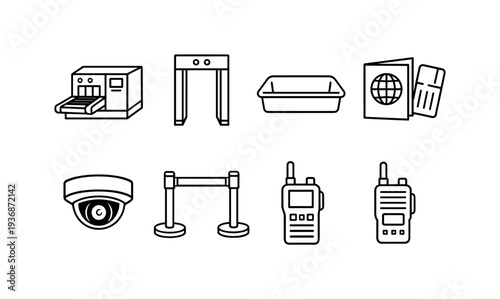 Airport security icons: X-ray scanner, metal detector, passport, camera, and more