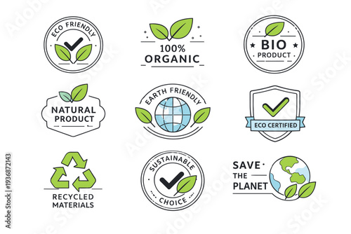 Eco badges and seals collection. A set of clean eco-friendly badges with leaves, checkmarks, and circular seals, calm and trustworthy mood. The scene