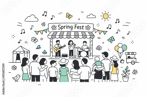 City spring festival atmosphere. A crowd gathering near a small stage with music notes, banners, and spring elements floating gently. Friendly urban