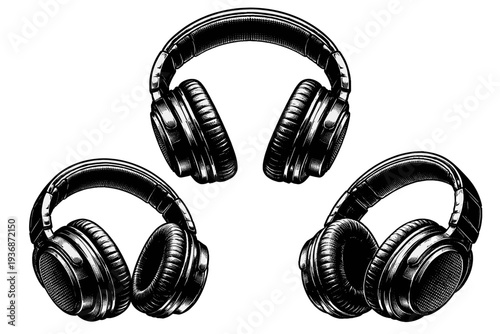 Over-ear headphones depicted as a full-size headset with thick cushioned ear cups and adjustable headband structure, treated as one object. Black and white dot