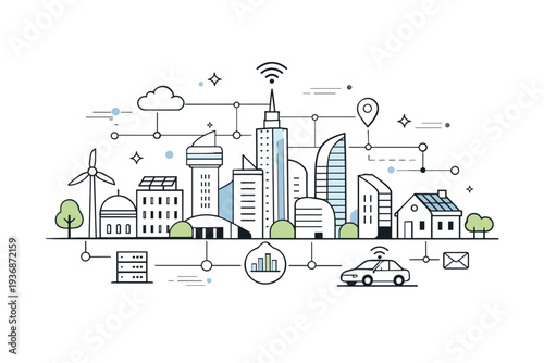 Smart city concept. Abstract futuristic buildings connected by thin lines and signal icons, calm organized layout. Scene represents data flow, connectivity,