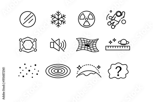 Interstellar Environment. Line icon set of Interstellar Environment: vacuum symbol, extreme cold, radiation hazard, microgravity, isolation zone, silence