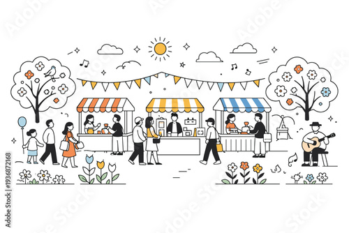 Spring holiday local craft fairs. Wide view of the fair with multiple small booths, trees and flowers framing the scene, balanced crowd flow and festive yet