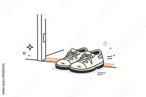 Everyday decay neutrality. A pair of worn shoes by a doorway, slightly scuffed but placed neatly. Daily life in ongoing motion and wear. Minimalist flat vector