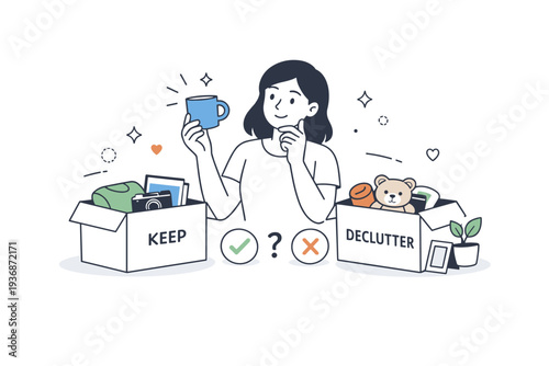 Decluttering process. A person decides what to keep and what to put aside, holding an object thoughtfully near a box. The scene conveys clarity, intention, and