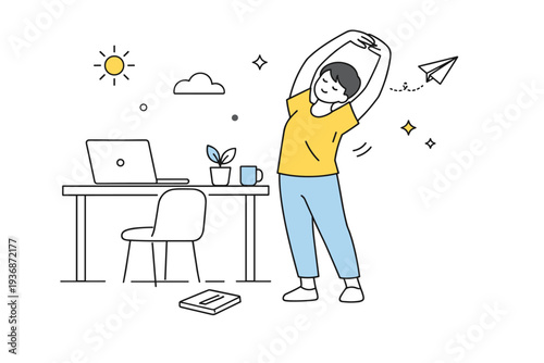 Afternoon slowdown. A person stretches beside a desk, taking a mindful pause from tasks. Light restorative mood with simple lines emphasizing slow movement.