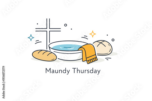Maundy Thursday. Abstract cross, basin, towel and bread arranged in a symbolic editorial layout. Quiet focus on service, humility, and sacred tradition.