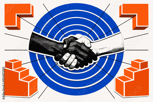 Black and white hands reaching inward and clasping together at center, large cobalt blue concentric circles radiating from the central grip, abstract orange