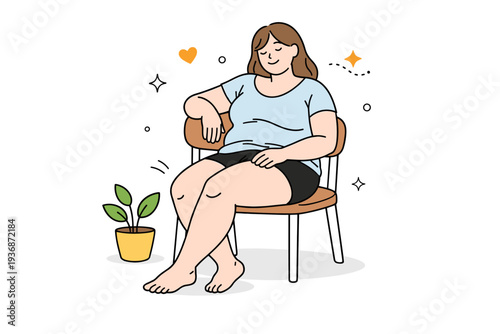 Real bodies without retouching. A person sits relaxed on a chair, soft curves visible through simple clothing. Quiet everyday moment showing comfort without
