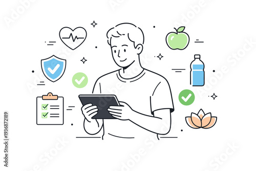 Preventive health concepts. Person calmly reviewing health indicators on a tablet, with gentle checkmarks and wellness icons floating nearby. Scene expresses