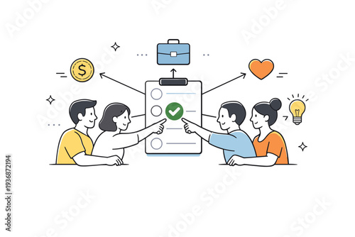 Group decisions with shared consequences. A small group gathered around a decision board, pointing at one selected option while outcome icons extend equally