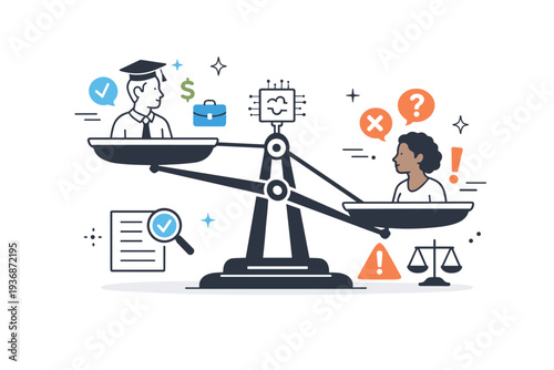 Algorithmic discrimination in decision-making. A digital scale comparing two simplified profiles influenced by an algorithm. Symbolic imbalance, fairness