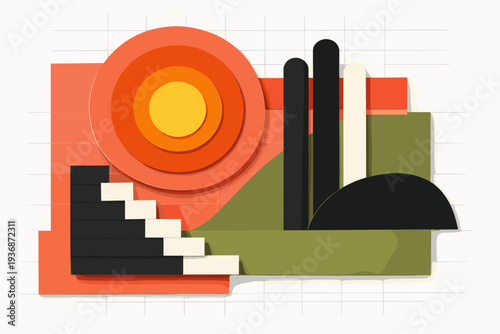 Minimalist mid century inspired layout featuring a stylized sun made of concentric circles, elongated cylinder shapes and stepped rectangular blocks, flat