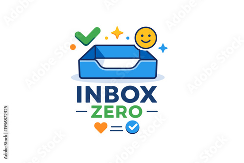 Inbox zero culture captured as a compact editorial badge combining an empty inbox and positive status indicators, communicating achievement, order, and modern