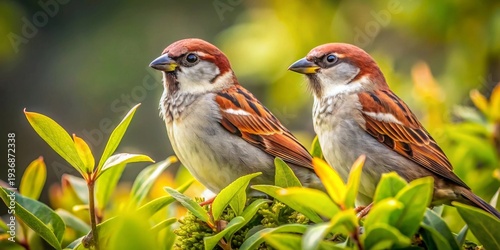 Two small birds perched on lush green foliage bathed in soft natural sunlight, observing their surroundings