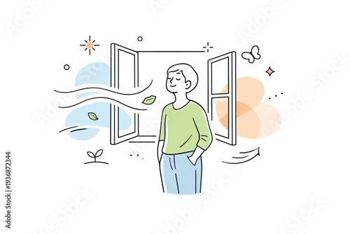 Seasonal reset feelings. A person standing near an open window with fresh air coming in, relaxed posture and calm expression. Sense of renewal and clarity,