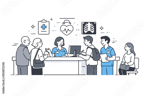Hospital reception area. A calm scene with patients checking in at a modern desk, friendly staff assisting, and abstract line icons indicating healthcare