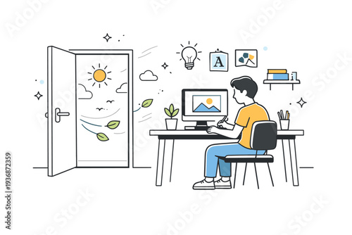 Design work with open doors. A designer working at a desk while an open door lets in light and fresh air, symbolizing openness and flow. Calm creativity and