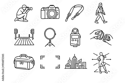 Urban Fashion Photography. Line icon set of Urban Fashion Photography: photographer crouching, DSLR camera, camera strap, street model walking, urban