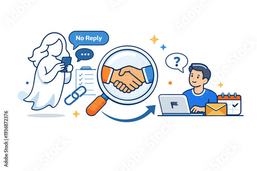 Influencer ghosting brands emphasizing the need for transparency and professional communication. An optimistic concept illustration suggesting