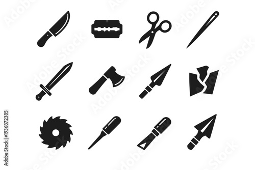 Sharp Objects. Solid icon set of Sharp Objects: kitchen knife, razor blade, scissors, needle, sword blade, axe head, spear tip, broken glass, saw blade, ice