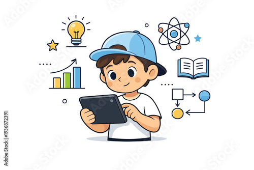 3D cartoon characters learning. A cartoon character holding a tablet and looking at simple icons or diagrams. Curious expression, calm focus, learning in