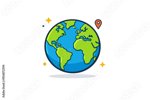 Continents depicted through a minimal globe icon with contrasting land and ocean colors, communicating global perspective, travel, and international context.