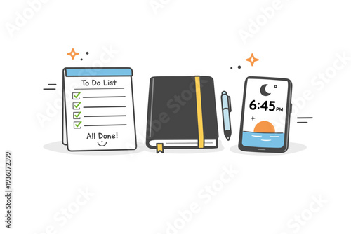 End of workday. Desk scene with completed to-do list, closed notebook, and phone showing evening time. Stillness and order after tasks are finished. Minimalist