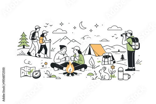 Outdoor adventure illustrations. A collection of outdoor travel moments combined into one editorial scene, including hiking, camping, and nature observation.