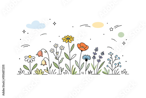 Wildflowers meadow. A calm editorial scene with diverse wildflowers growing freely in a natural meadow. Feeling of lightness, freedom and organic beauty, with